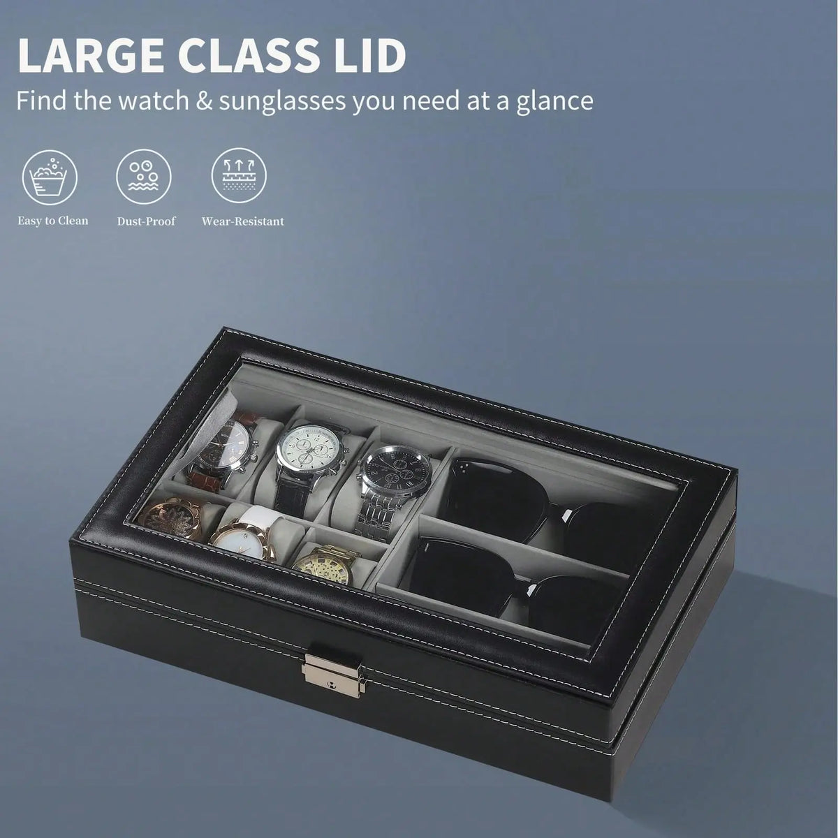 Black PU Leather Watch & Eyeglasses Organizer Box - 6-Watch, 3-Eyeglasses/Sunglasses Capacity, Glass Top, Classic Durable Jewelry Display Case with Fine Workmanship, Unisex Home Use Storage Holder, Gift