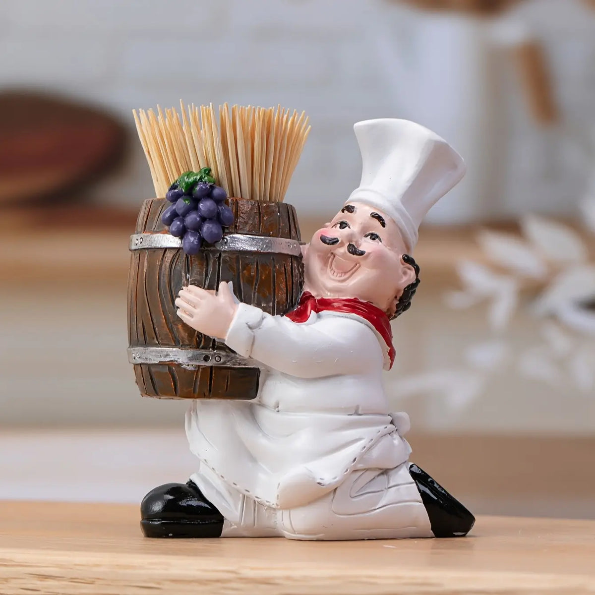Charming Chef Theme Fun Decorative Toothpick Holder with Wooden Bucket, Resin Material, No Power Needed, Ideal for Home and Party Decorations