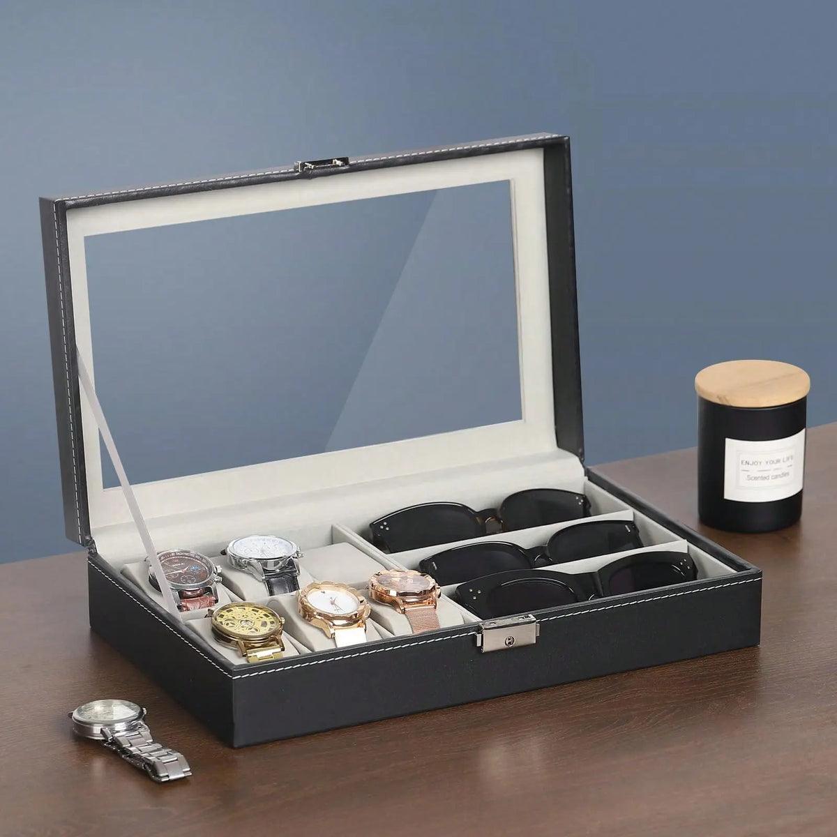 Black PU Leather Watch & Eyeglasses Organizer Box - 6-Watch, 3-Eyeglasses/Sunglasses Capacity, Glass Top, Classic Durable Jewelry Display Case with Fine Workmanship, Unisex Home Use Storage Holder, Gift
