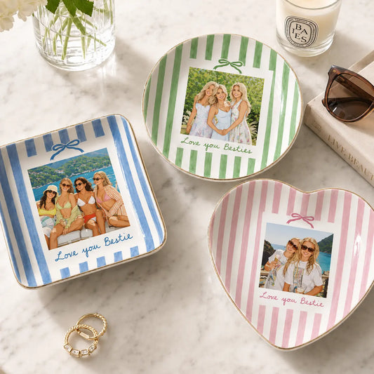 Customizable Personalized Bestie Photo Vector Ceramic Jewelry Dish - Home Organiser for Small Jewelry Items, Striped Countertop Trinket Tray, Special Occasions Gift for Best Friend