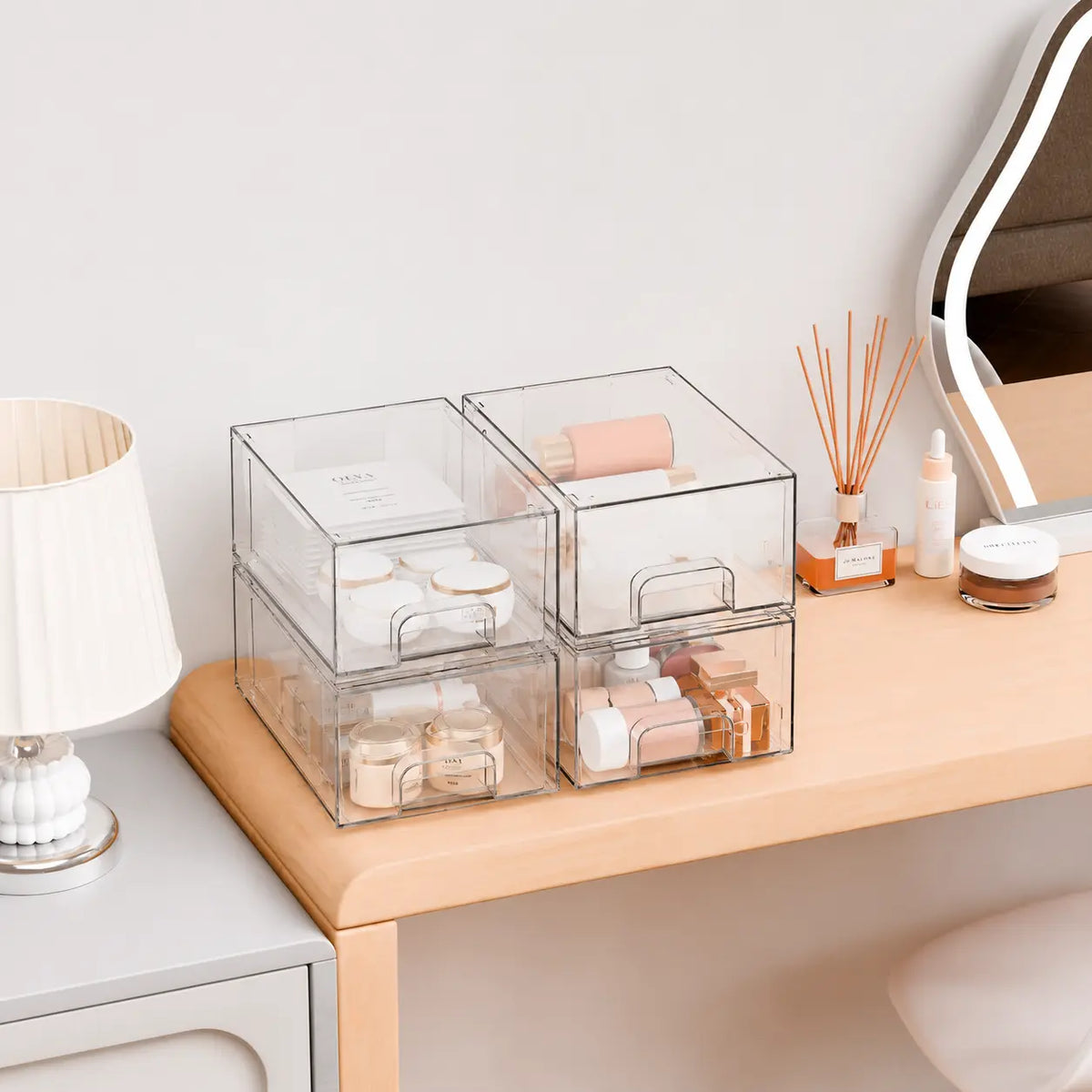 4 Pack Clear Stackable Acrylic Storage Boxes – Drawers for Bathroom Vanity, Office, Craft Room – Dustproof & Easy Clean