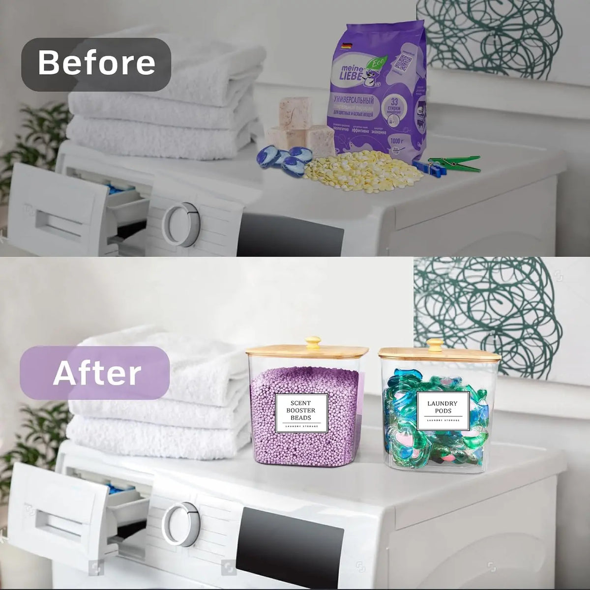 3+1 Pack Laundry Pods Storage Container, Clear Laundry Room Organization and Storage, Detergent Powder Container, with Wooden Lids & Labels