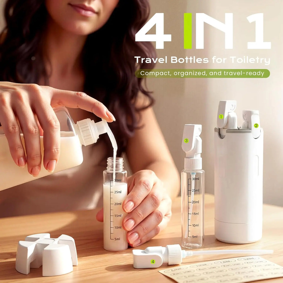 4-in-1 Portable Cosmetic Shampoo Dispenser Storage Bottle Plastic Travel Friendly Compact Design for Easy Carrying
