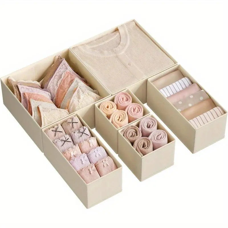 6 Counts set Drawer Storage Boxes, Foldable Fabric Organizer for Socks, Bras, Tie, Scarf, Vanity Drawer Organizers