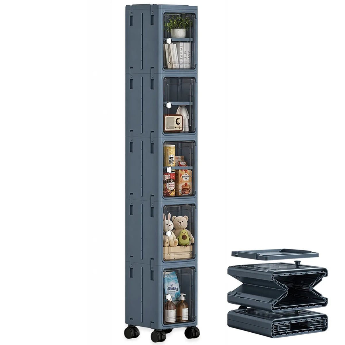 Nifogo 5-Tier Plastic Collapsible Organizer with Foldable Compartments - 5-Piece Fold-Flat Stackable Storage Bins with Lids, Dustproof Portable Lidded Bins (Hides Mess) with Wheels, White 157cm for Office/Dorm Use