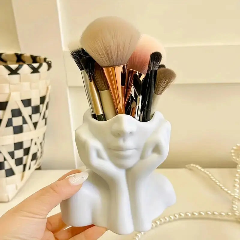 Face-Shaped Makeup Brush Holder - White Vanity Organizer, Cosmetics Organizer Storage, Makeup Tool Organizer with Eyebrow Pencil Slots, Portable & No Assembly Needed for Desk/Bathroom