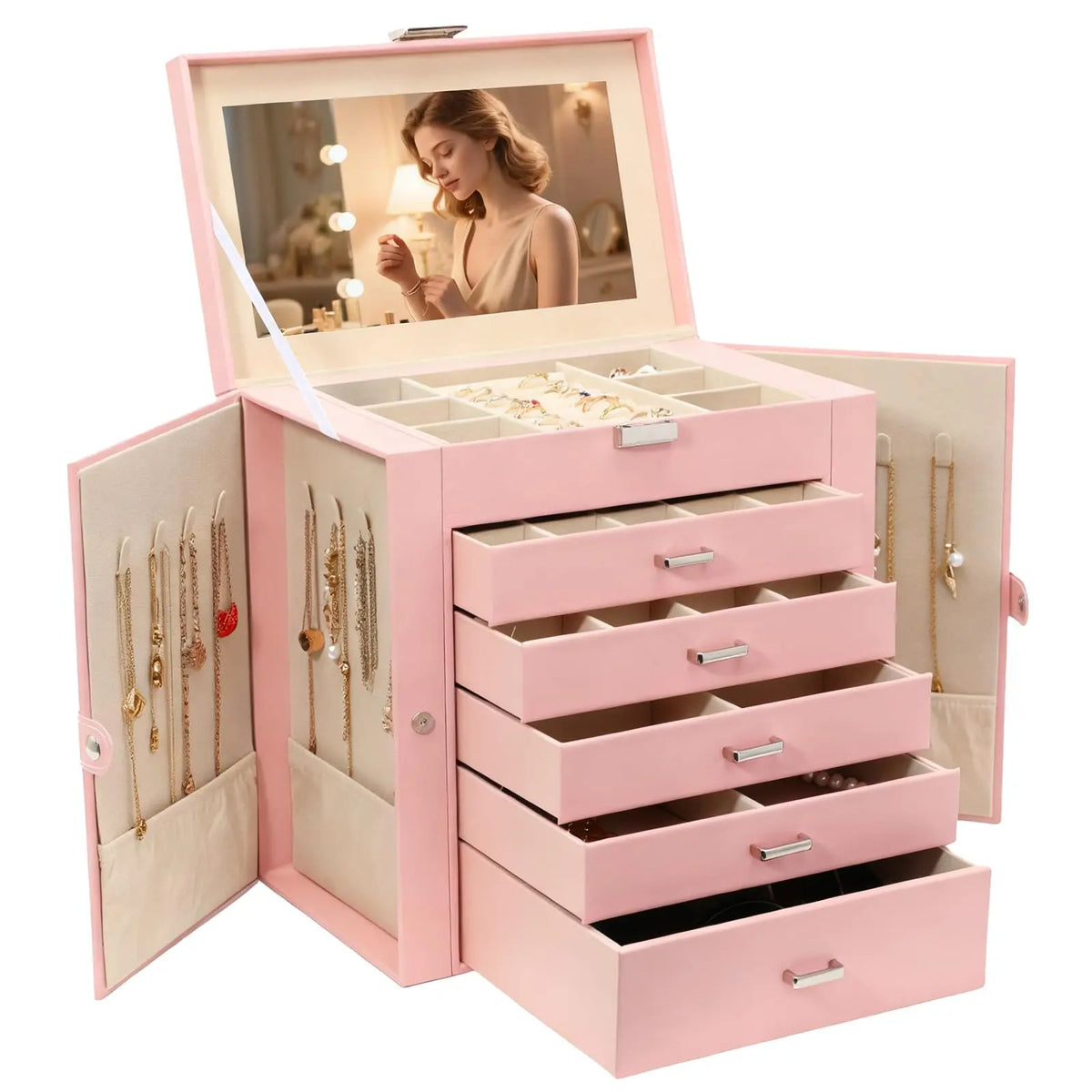 BOOVO Jewelry Box For women, 6 Layer Large Jewelry Organizer With Mirror, Multi-Function Storage Box With Lock, Necklace Holder With 5 Drawers, For Earrings Necklace Bracelet (Rose Gold and Gold)