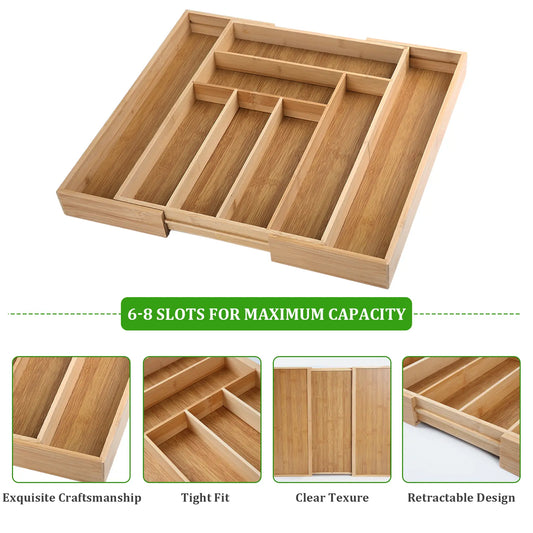 Expandable Bamboo Drawer Organizer - Adjustable 6-8 Slot Utensils Tray, Durable, Easy-Clean, Warm Bamboo Look, Cosmetic Holder, Box Organiser, Jewelry Storage, Bathroom & Kitchen Accessories Drawer Organizer Storage