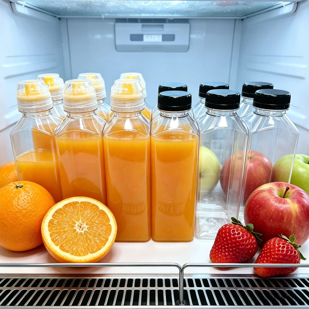 12-Pack 12 oz Empty Square Plastic Juice Decant Storage Bottles & Jars Set, Leakproof Dual Caps, Squeeze Design, Silicone Spout, Large-Capacity Containers for Juicing, Homemade Drinks