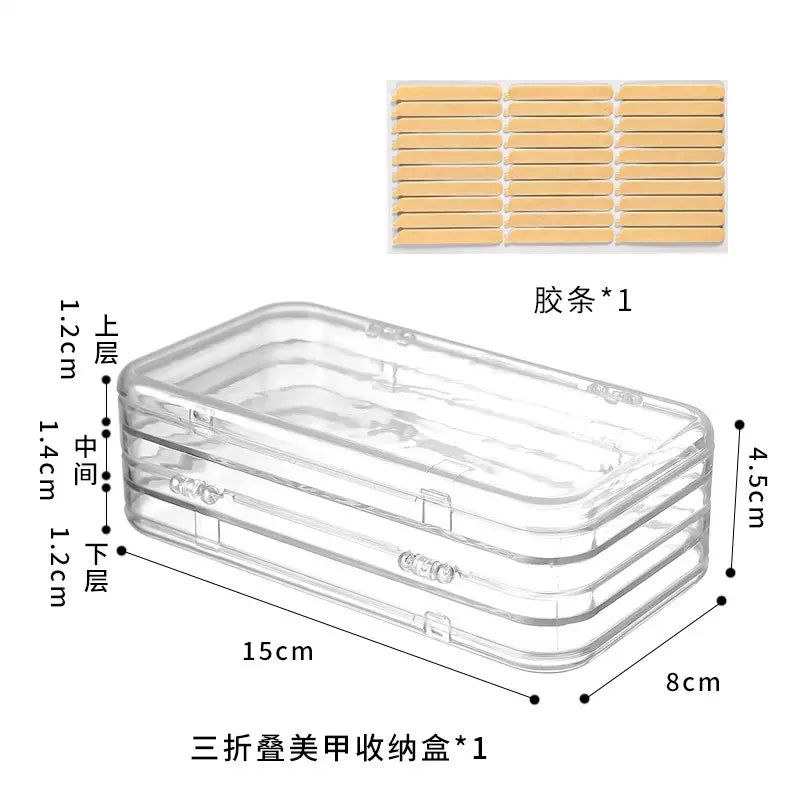 3-Fold Transparent Plastic Modern Beauty Nail Art Storage Box Set with Adhesive Sheet - 10x5x16cm Collapsible Storage Organizer, Portable Manicure Case Designed for Desktops, Home & Salon Nail Supplies