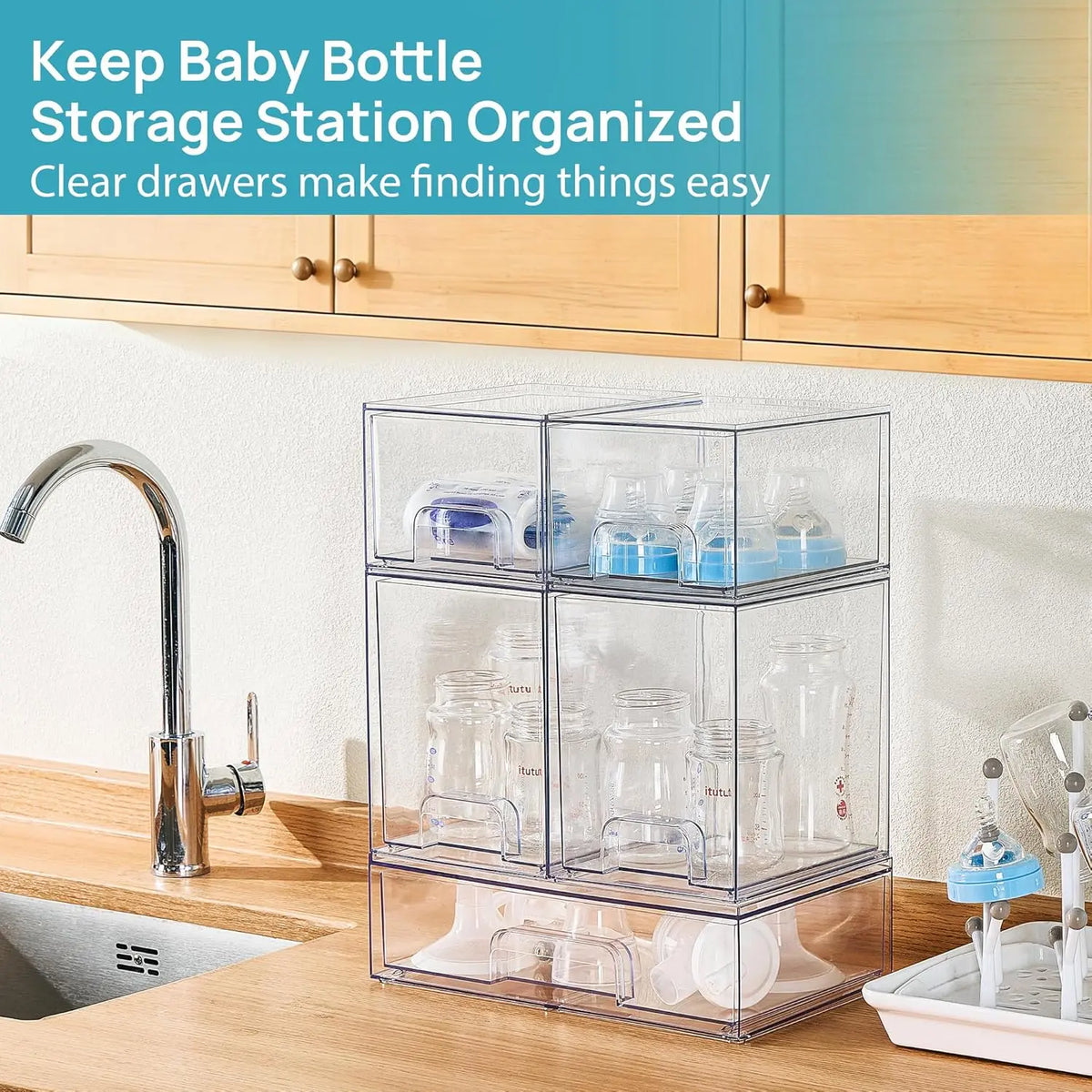 【Bottles Station】Vtopmart Stackable Nursery Set of 5/8 Clear Plastic Organizer Bins for Makeup Beauty Supplies Vanity Bathroom Cabinet Pantry, Multi-Size Flexible Design BPA-Free Safe Water&Dust Proof