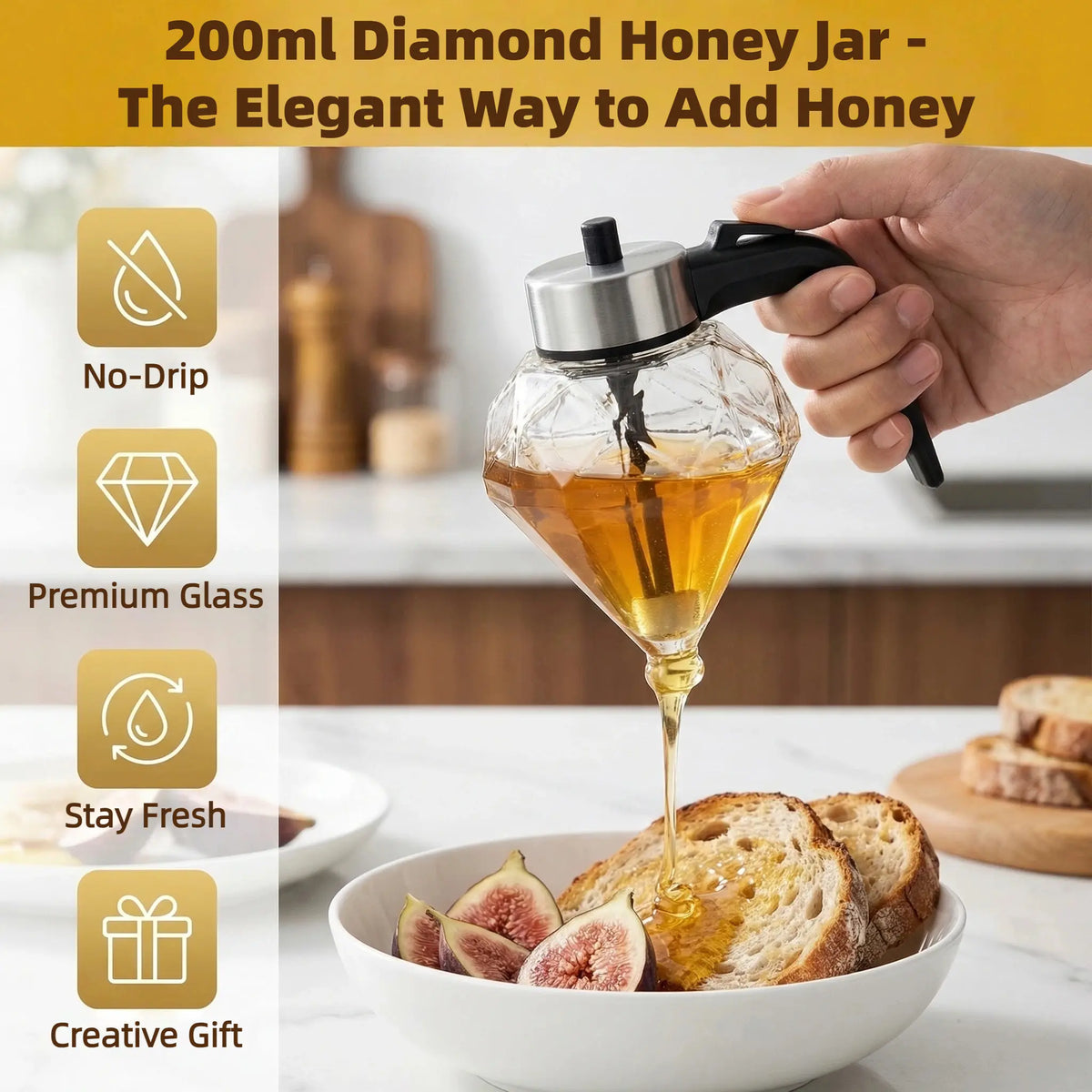 8oz No-Drip Glass Honey Dispenser with Lid & Steady Stand Base, Bottom Flow High-Quality Durable Glass Jar for Daily Use, Coffee/Maple Syrup Container for Tea Time & Gifting (Elegant Honeycomb Design)