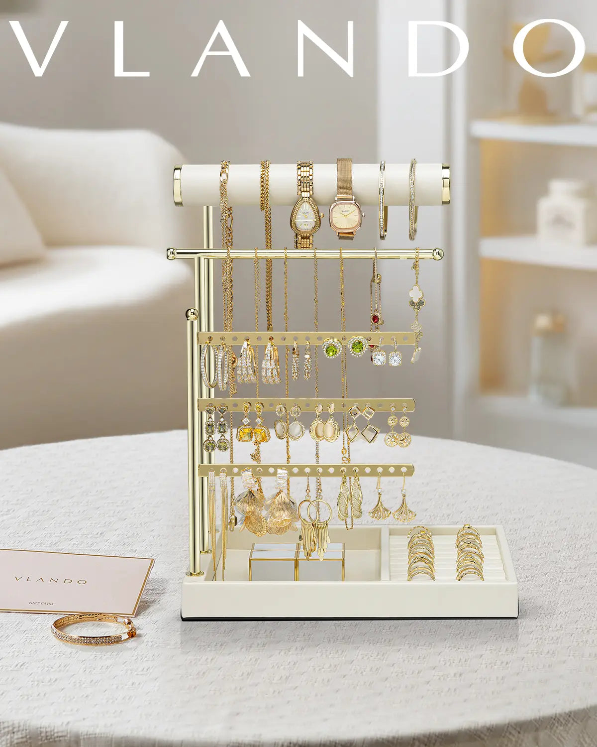 VLANDO Classic Eco-Friendly Women's Adjustable Metal Frame Jewelry Organizer - Home Accessory Holder with Tray, Ring Slots in Tray, Compartments for Necklace, Earring, Bracelet Display summerwins