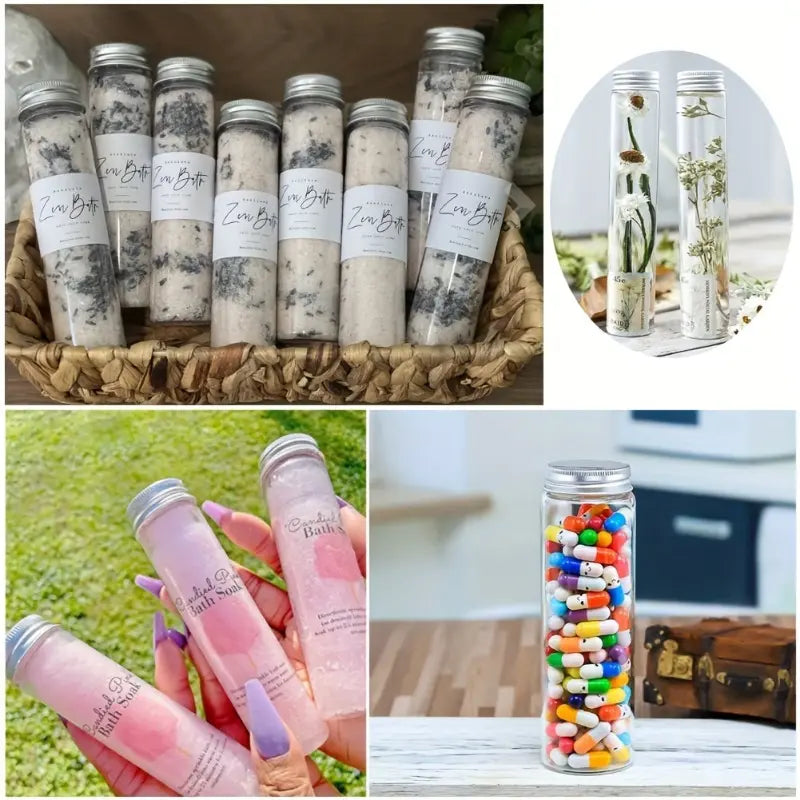 15pcs Plastic Test Tubes, Transparent Test Tube with Aluminum Screw Caps, Kitchen Plastic Storage Tubes for Candy, Bath Salt, Granules and Liquids