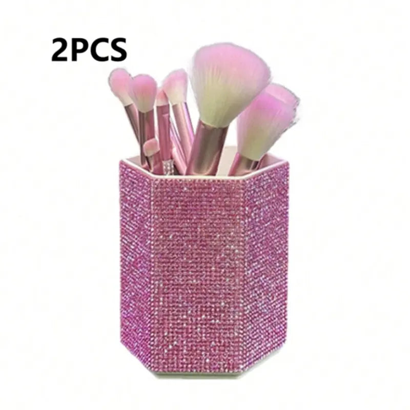 Hexagonal Crystal Makeup Brush Holder, Large Capacity, Decorative Shiny Surface, Multifunctional Cosmetic Storage Rack, Makeup Organizer Box for Bedroom Vanity Desk, Cosmetic Organiser, Cosmetic Organizers