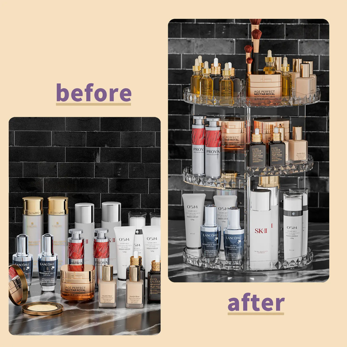 ZHIAI 360 Rotating Makeup Organizer, Large Capacity Cosmetics Organizer for Perfume Holder Organizer Countertop, DIY Adjustable Bathroom Makeup Carousel Holder Rack, Clear Diamond