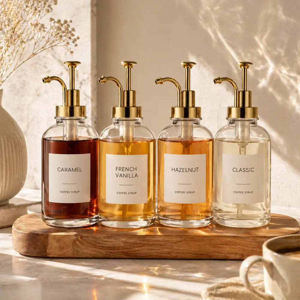 4 Pack Aesthetic Glass Coffee Syrup Dispenser Set with Labels, 16.9oz Coffee Bar Accessories & Station Organizer with Gold Pumps for Syrup, Honey, Sauce