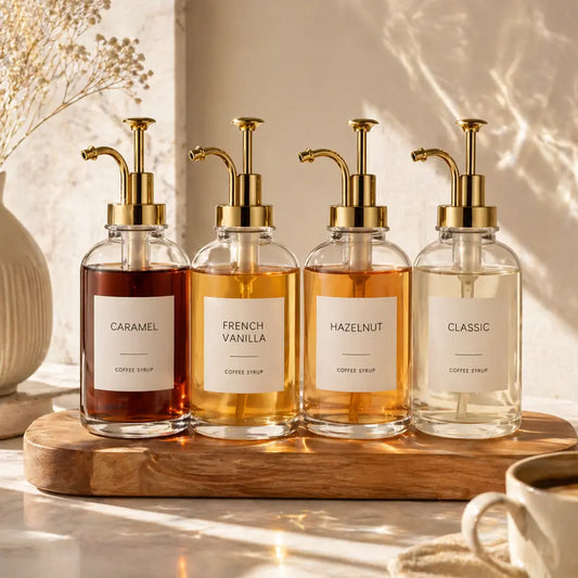 4 Pack Aesthetic Glass Coffee Syrup Dispenser Set with Labels, 16.9oz Coffee Bar Accessories & Station Organizer with Gold Pumps for Syrup, Honey, Sauce