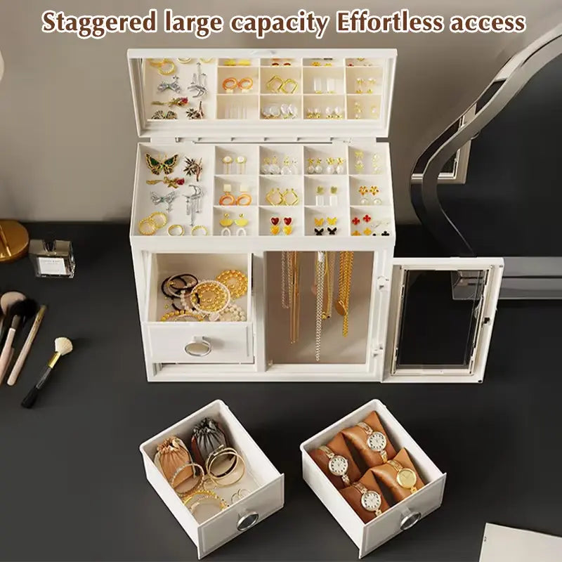 Modern Multi-Layer Stackable Rectangular Plastic Jewelry Organizer with Lid - Classic, Dustproof, Durable Vertical Organizer Storage, Stacks to Save Space, Decorative Solution for Women’s Earrings, Rings, Vanity, Bedroom Dresser Gift