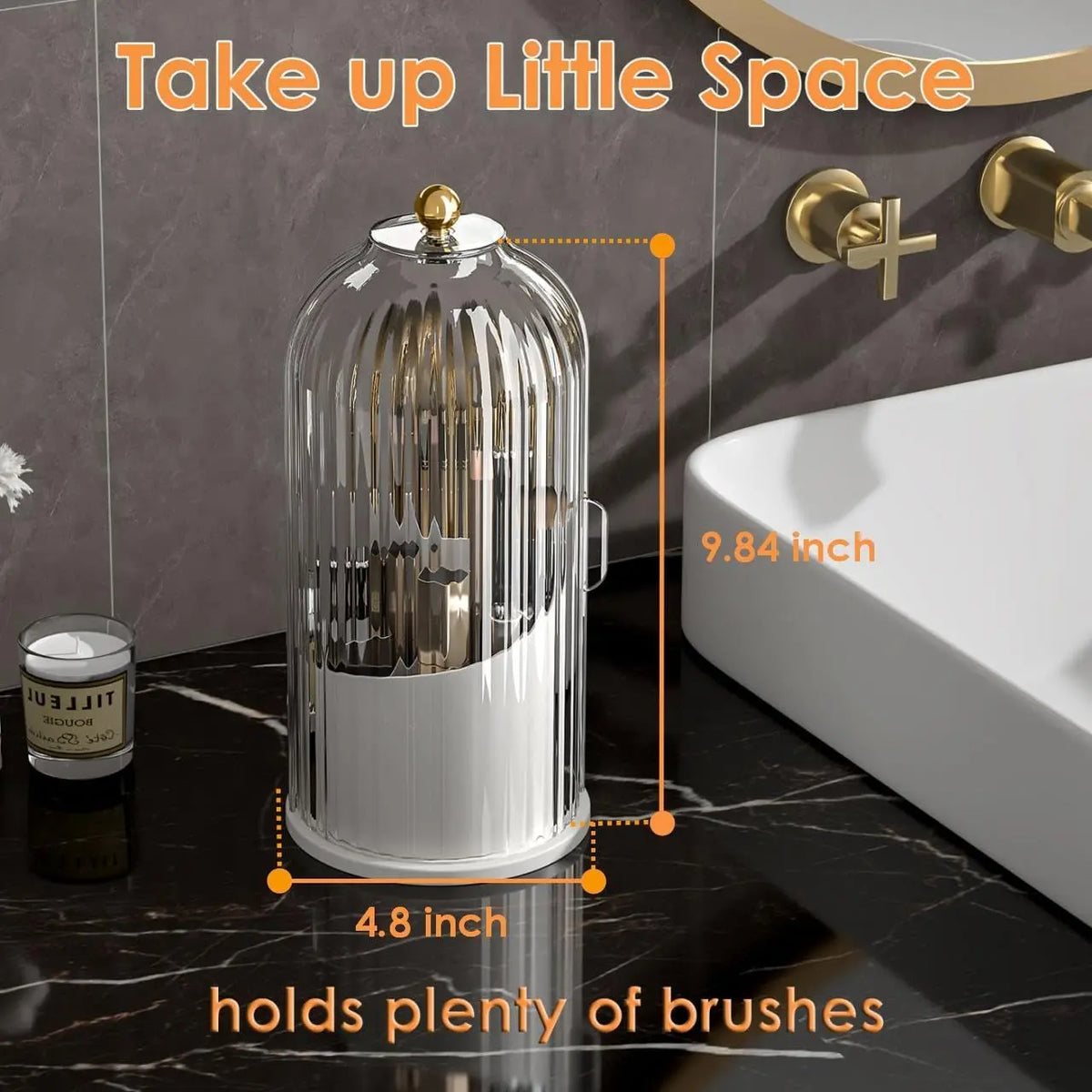 Luxury 360° Rotating Makeup Brush Holder with Transparent Door Lid - Modern Cosmetic Storage Box, Organizer Storage, Spin to Access Vanity Desktop Countertop Container for Students