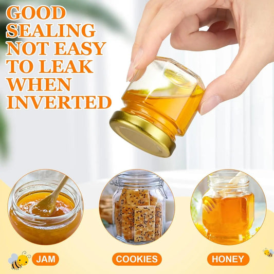 30 Pack 1.5oz Compact Eco-Friendly Traditional Rectangle Mini Glass Honey Jars with Dippers - Gold Metal Lids, Bee Pendants, Gold Ribbons, Waterproof, Freshness-Maintaining, Dishwasher Safe, Wooden Accent Compatible Wedding Party Favor Storage Containers
