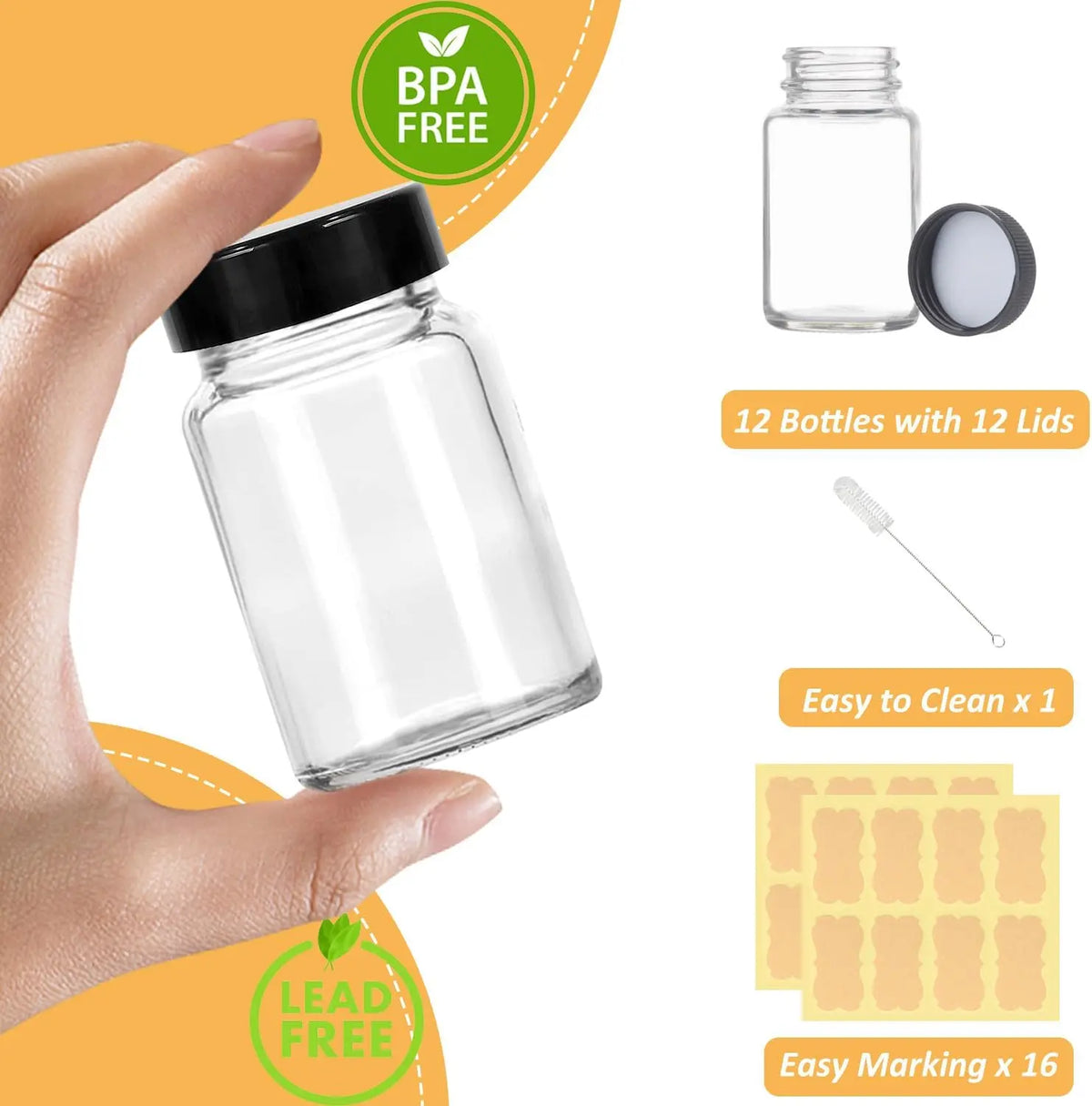 2 oz Small Clear Glass Bottles with  - 12 count Wide Mouth Shot Bottles with Caps for Ginger Shots, Juice, Potion, Liquids,  - Mini Travel Bottles with Funnels, Stickers (12PCS-Clear)