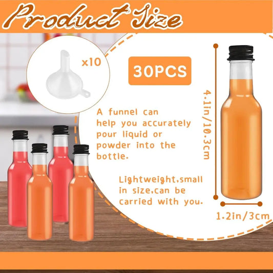 30-Pack 1.7oz Reusable Leakproof Mini Plastic Liquor Bottles with Black Airtight Caps, 10 Funnels Included for Kitchen, Wedding Supplies, Honey, Syrup, Vinegar Storage