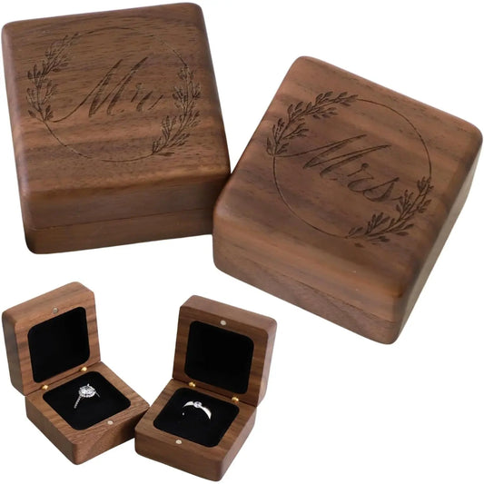 Solid  Ring Box - Hand-Polished Engagement Ring Holder Box for Proposal, Wedding  Organizer | Romantic  for Couples, Brides & Grooms (Walnut Carved-2pcs)