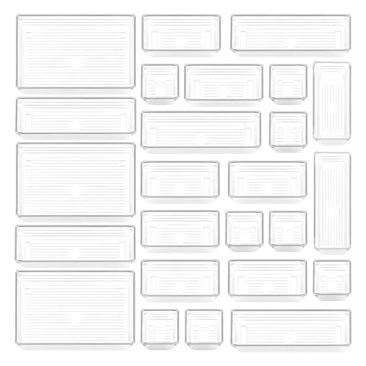 25 Pcs Drawer Organizer Storage Trays For Makeup, Kitchen, Bedroom, Office, Desk, Versatile Plastic Clear Drawer Organizer. Boxes