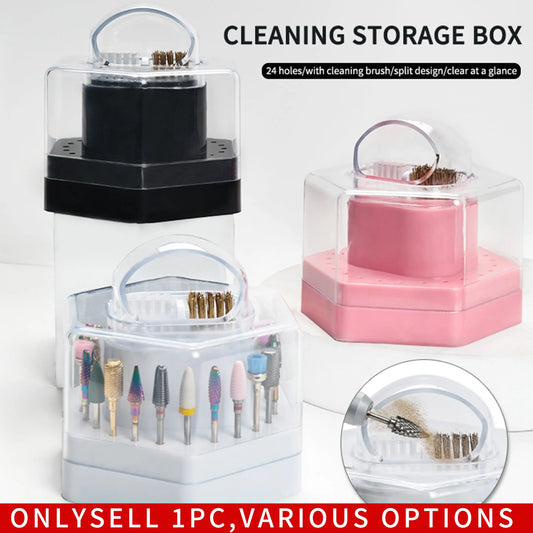 24-Hole Nail Art Drill Cleaning Storage Box with Brush & Grinding Head Holder - Heavy-Duty Acrylic Organizer with 24 Holes, Tool Organization, Ideal for Professional & Home Use, 24 Holes Nail Drill Bits Organizer