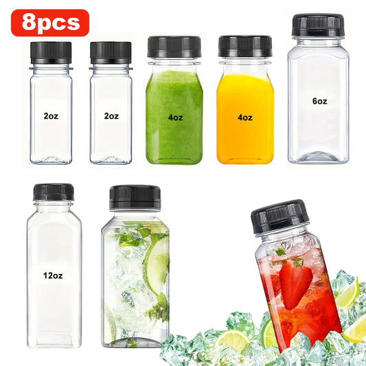 8 Pcs Mini Plastic Juice Bottles with Caps, Reusable Clear Drink Containers, Reusable Beverage Containers, Coffee Container, Leakproof Wide Mouth, Dishwasher Safe, Travel Essentials