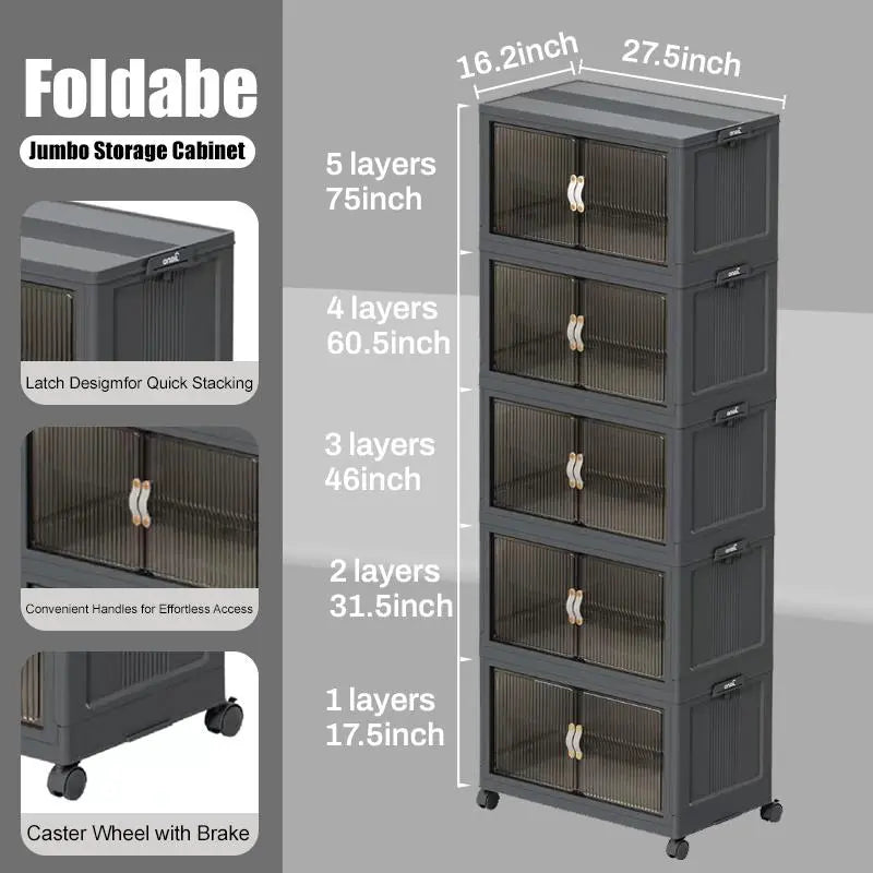 ONAIL 40/64/128QT Foldable Storage Box with Lid,  1-5 layers Holders with Wheels for Kitchen Bedroom Bathroom Warehouse Kitchen Home Storage Stackable Organizer
