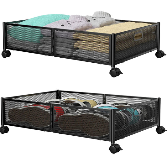 Flycity 2-Pack Under Bed Storage Box with Rotating Wheels - Durable Foldable Collapsible Organizer for Bedroom Clothes, Shoes - Closet Organization, Collapsible Easy Access Flexible Compact Open Storage Bins (Black/White), Collapsible Open Storage Bins