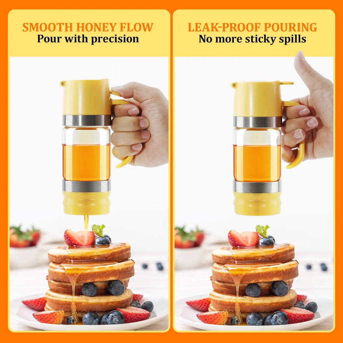 Glass Honey Dispenser - Kitchen Preserving Container, No-Drip Leak-Free Design with Handle, Controlled Flow, Refillable, Dishwasher Safe, Maintains Food & Beverage Freshness, Easy to Clean for Daily Use, Maintains Freshness
