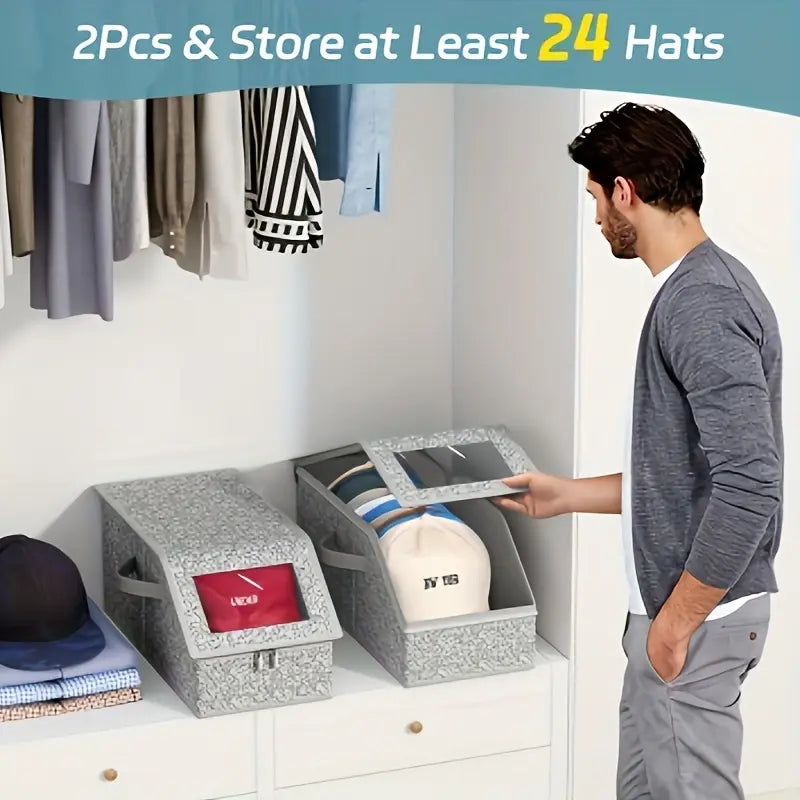 Classic Stackable Rectangle Baseball Cap Collapsible Storage Bin - Durable Foldable Eco-Friendly Cardboard Hat Organizer with Lid, Carry Handle, Holds Up to 24 Hats, Men's Bedroom Clothes & Baseball Cap Stash Solution, Father's Day Gifts