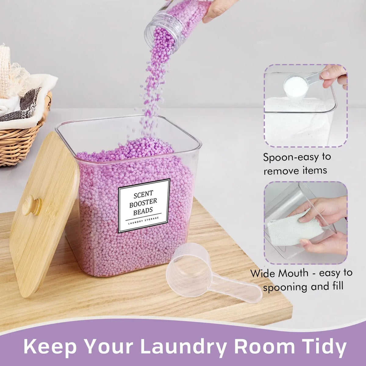3+1 Pack Laundry Pods Storage Container, Clear Laundry Room Organization and Storage, Detergent Powder Container, with Wooden Lids & Labels