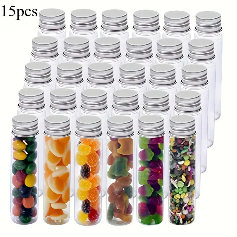 15pcs Plastic Test Tubes, Transparent Test Tube with Aluminum Screw Caps, Kitchen Plastic Storage Tubes for Candy, Bath Salt, Granules and Liquids
