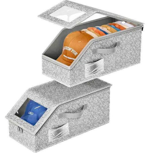 Classic Stackable Rectangle Baseball Cap Collapsible Storage Bin - Durable Foldable Eco-Friendly Cardboard Hat Organizer with Lid, Carry Handle, Holds Up to 24 Hats, Men's Bedroom Clothes & Baseball Cap Stash Solution, Father's Day Gifts