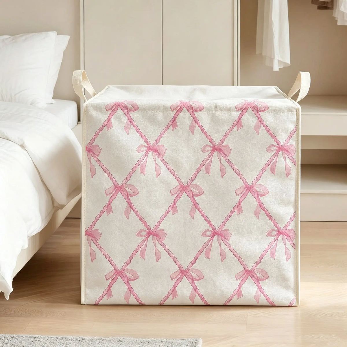 Large Capacity Lidded Storage Box, Storage Organizer Bins, Bow Print Bag, Durable Non-Woven Fabric, Perfect Home Gift for Blankets, Quilts, Clothes