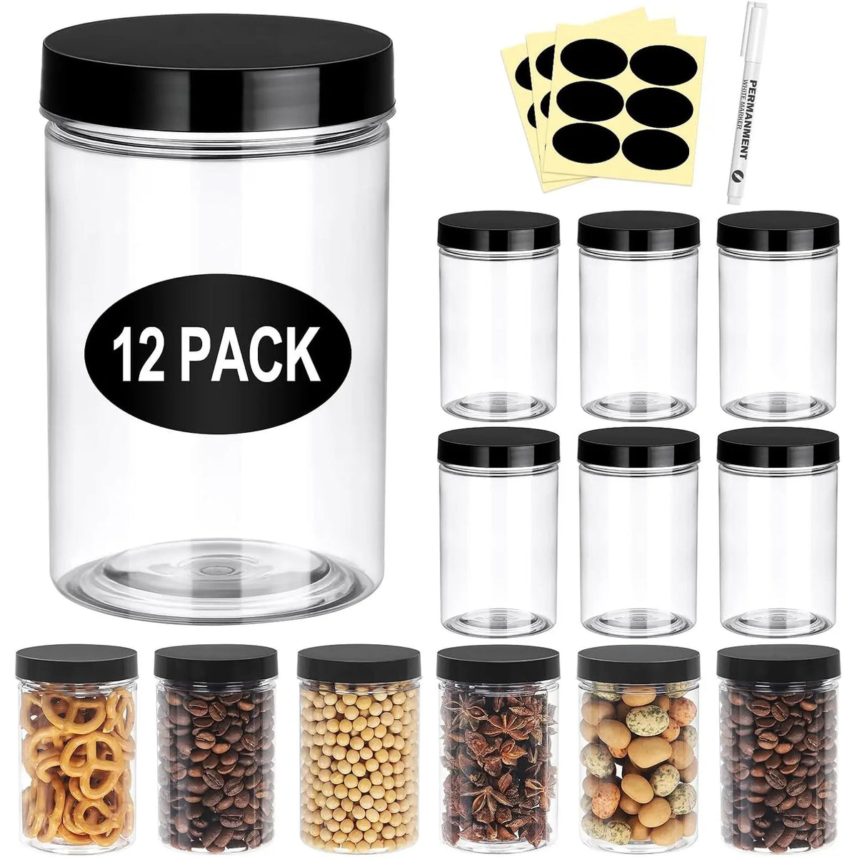 48 Pack Plastic Jars with Lids 6 OZ - Empty Clear  Containers with Pen and Labels, Round Small Plastic Jars with Screw On Lids for Slime, Makeup, Butter, Cream, Lotion, Pot, Dry