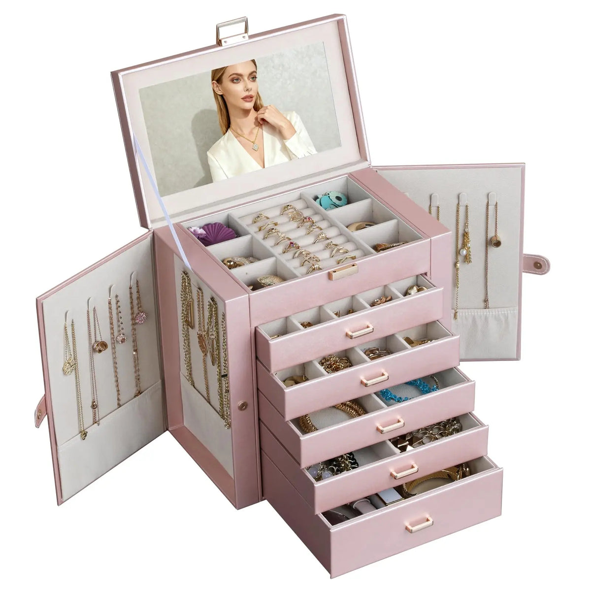 BOOVO Jewelry Box For women, 6 Layer Large Jewelry Organizer With Mirror, Multi-Function Storage Box With Lock, Necklace Holder With 5 Drawers, For Earrings Necklace Bracelet (Rose Gold and Gold)