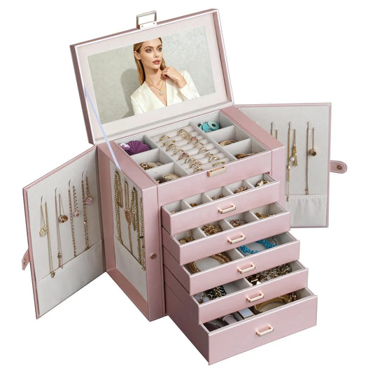 BOOVO Jewelry Box For women, 6 Layer Large Jewelry Organizer With Mirror, Multi-Function Storage Box With Lock, Necklace Holder With 5 Drawers, For Earrings Necklace Bracelet (Rose Gold and Gold)