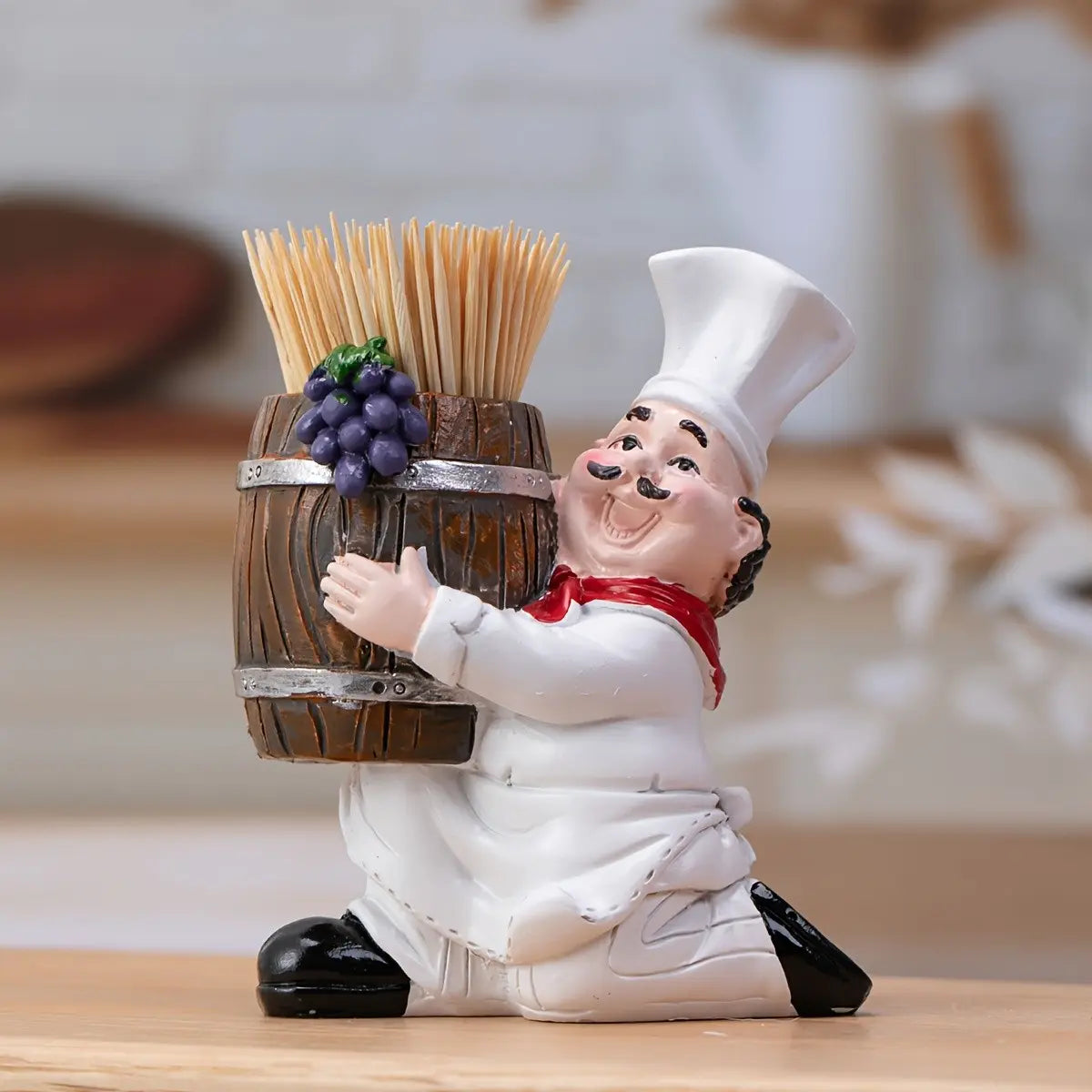 Charming Chef Theme Fun Decorative Toothpick Holder with Wooden Bucket, Resin Material, No Power Needed, Ideal for Home and Party Decorations
