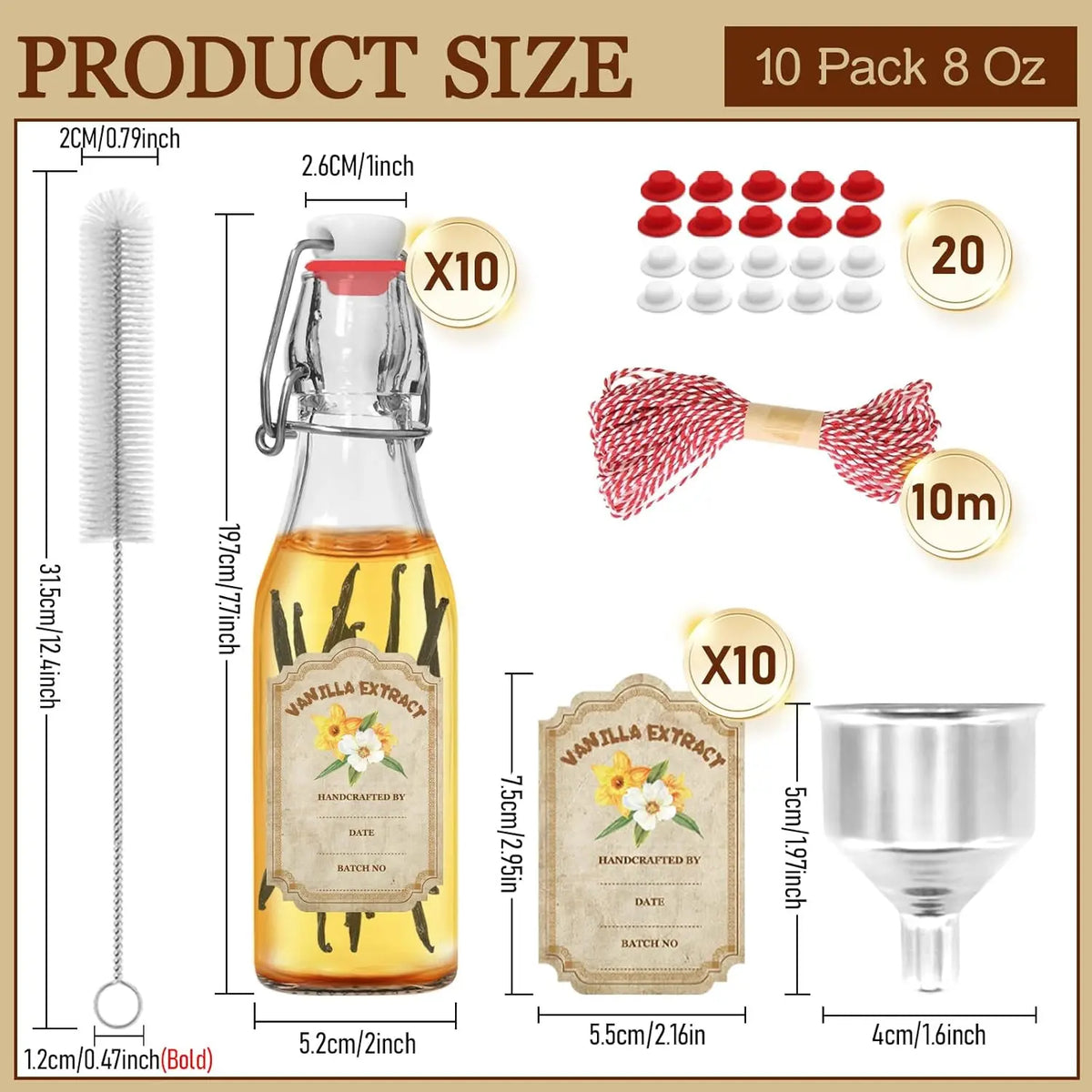 10-Pack 8oz (6 – 8.9 Fl Oz) Swing Top Glass Vanilla Extract Bottles with Flip Top Lids, Funnel & Labels – Boston Glass Storage Bottles for Syrup Gifting, Home Organizer Supplies by Sohochic