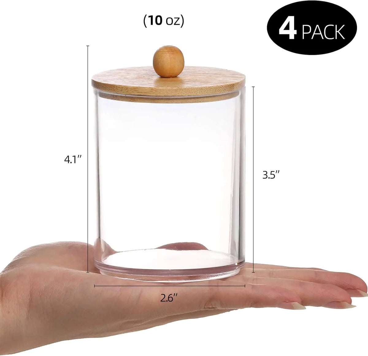 4 Pack Qtip Holder, 10-Ounce Bathroom Organizer Accessories Storage Containers Clear Plastic Apothecary Jars with Bamboo Lids for Cotton Ball, Cotton Swab, Floss