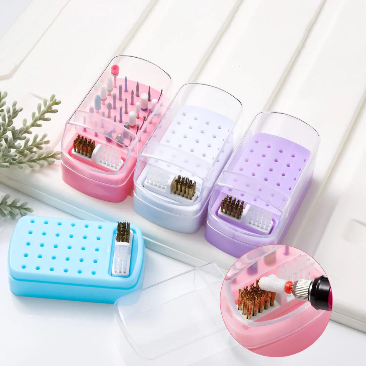 Nail Drill Bit Storage Box with Cleaning Brush, 1 Count 30 Holes Nail Drill Bits Organizer, Dustproof Nail Drill Bit Display Box