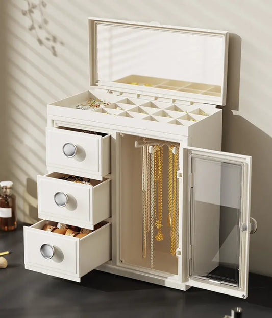 Modern Multi-Layer Stackable Rectangular Plastic Jewelry Organizer with Lid - Classic, Dustproof, Durable Vertical Organizer Storage, Stacks to Save Space, Decorative Solution for Women’s Earrings, Rings, Vanity, Bedroom Dresser Gift