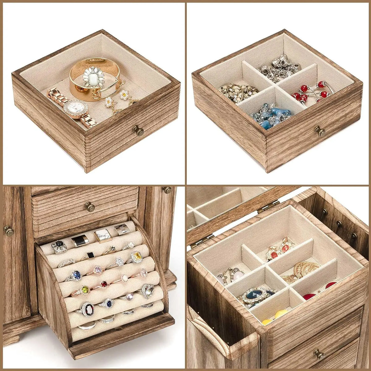 Emfogo Women's Linen Farmhouse-Style Decorative Wooden Jewelry Box with Mirror & Lid, 4-Layer Earring Holder Organizer with Compartment Containers for Rings, Necklaces, Bracelets (Farmhouse Style Storage)