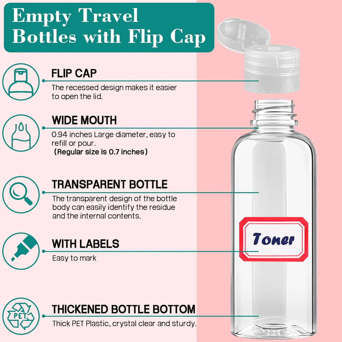 50PCS 3.4 oz Travel Bottles Tsa Approved Leakproof Plastic Squeezable Empty Small Bottles for Toiletries Liquids Travel Essentials with Flip Cap