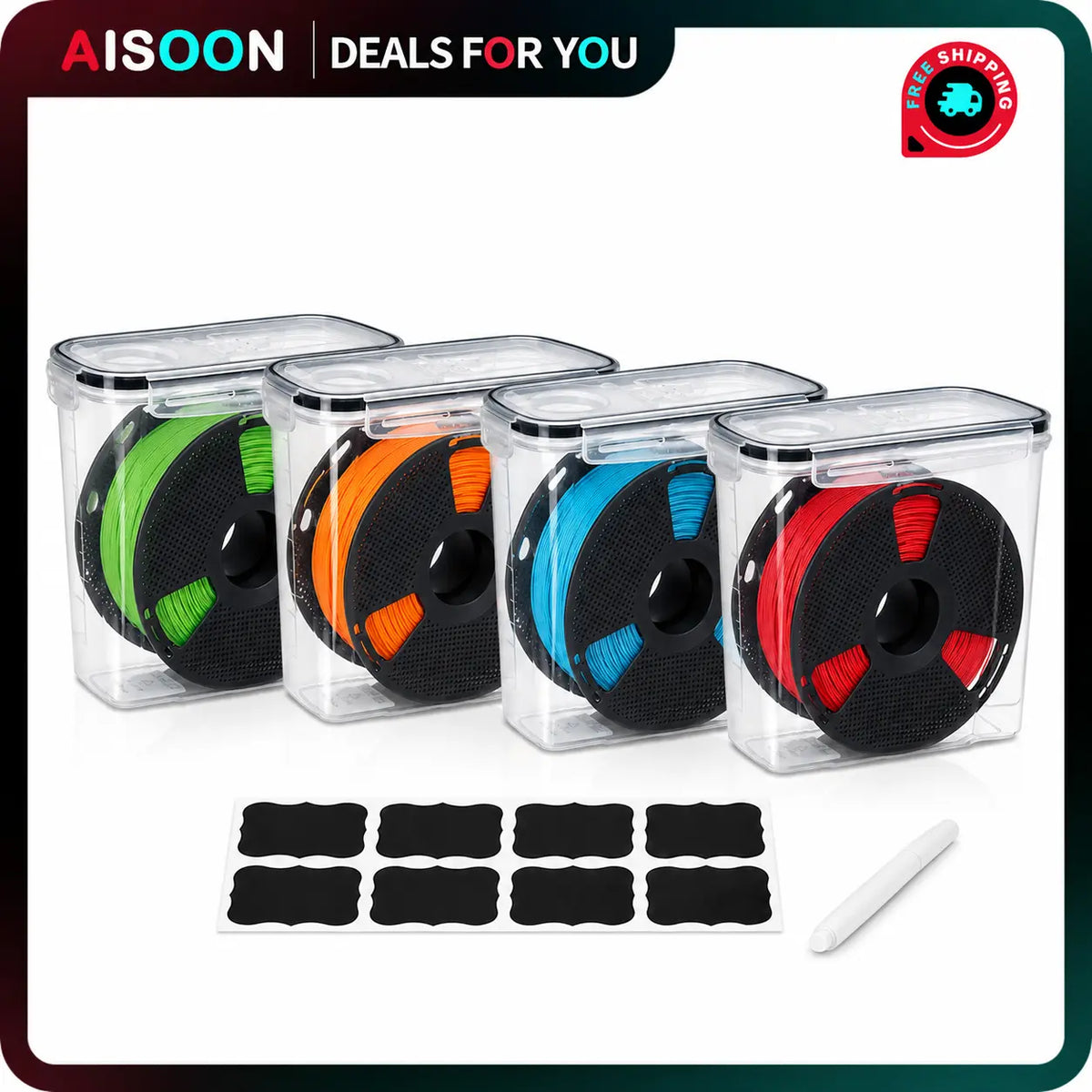 AISOON 4-Pack Reusable Stackable Plastic Rectangle 1KG 3D Printing Filament Storage Boxes - Transparent Airtight Snap Lids, Dustproof Organizer Set with 8 Labels & Marker, Fits Shelves, Desktops, Workshops